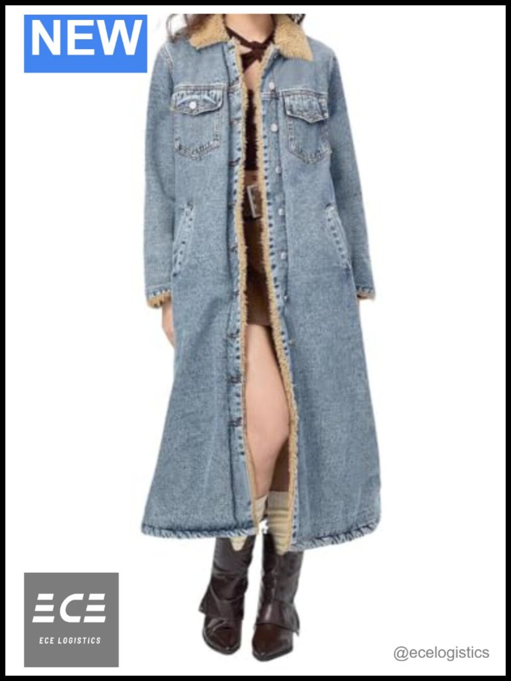 Sherpa Lined Midi Long Denim Jacket Button Down Trench Coat